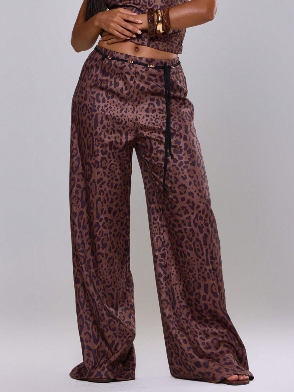 Brown Casual Women's Printed Beaded Belt Baggy Wide Leg Trousers